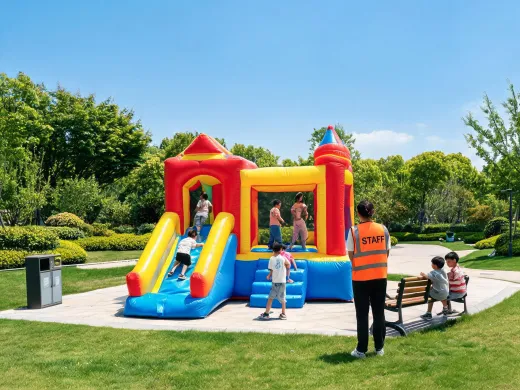 Community recreation play area with inflatables