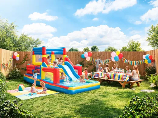 Backyard party with inflatable play center