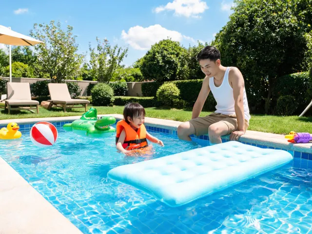 Poolside kids water play and swim support