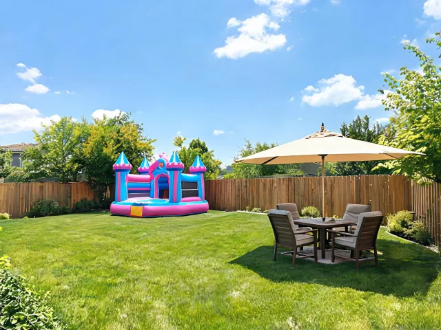 Backyard family bounce house setting